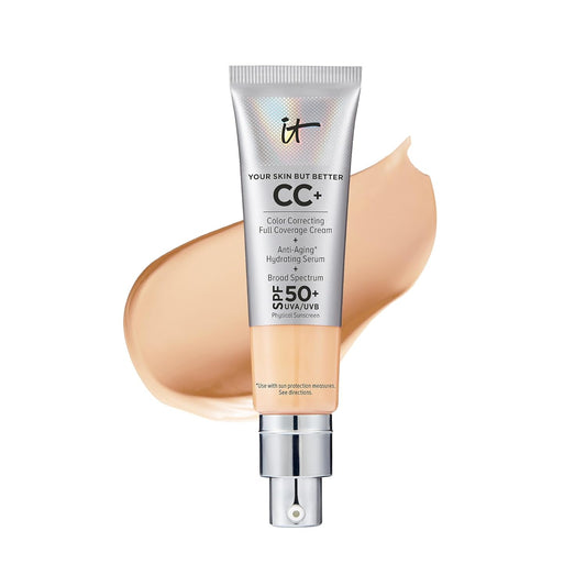IT Cosmetics CC+ Cream - Natural Full Coverage Foundation With SPF 50+, Color Corrector & Anti-Aging Hydrating Serum, Hyaluronic Acid + Peptides, Lightweight Up To 24H Wear, All Skin Types- 1.08 fl oz